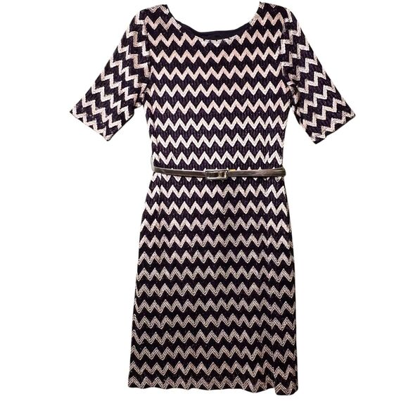 Connected Apparel Dress Womens 10 Black Gold Chevron Metallic Belted A-Line - Picture 12 of 13